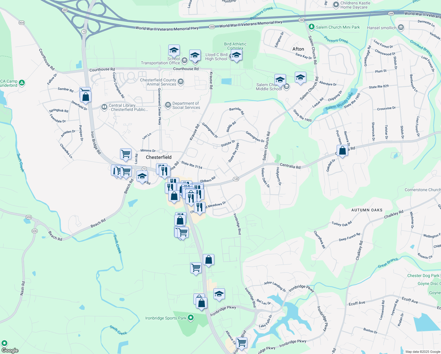 map of restaurants, bars, coffee shops, grocery stores, and more near 9909 Oldbern Court in Chesterfield
