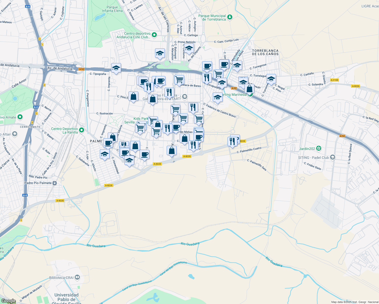 map of restaurants, bars, coffee shops, grocery stores, and more near 14 Avenida Parsi in Sevilla