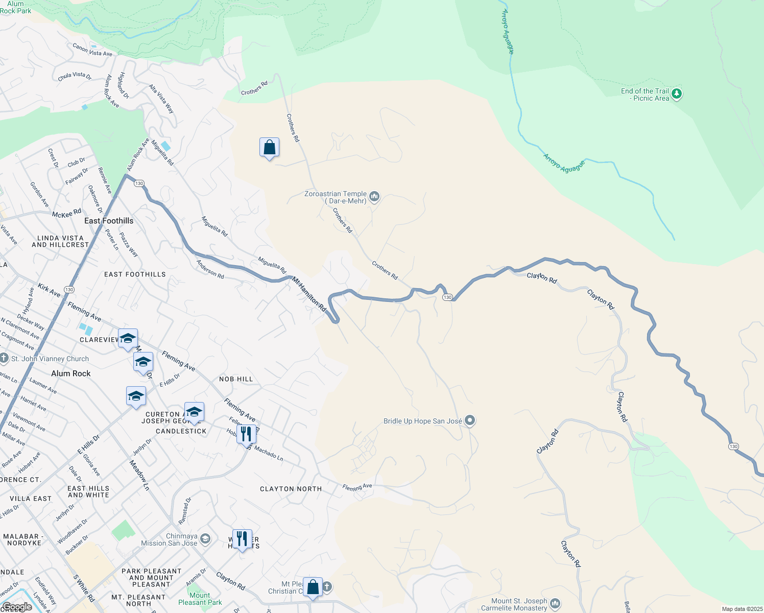 map of restaurants, bars, coffee shops, grocery stores, and more near 12655 Mount Hamilton Road in Mount Hamilton