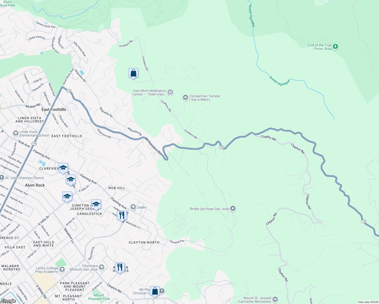 map of restaurants, bars, coffee shops, grocery stores, and more near 12655 Mount Hamilton Road in Mount Hamilton