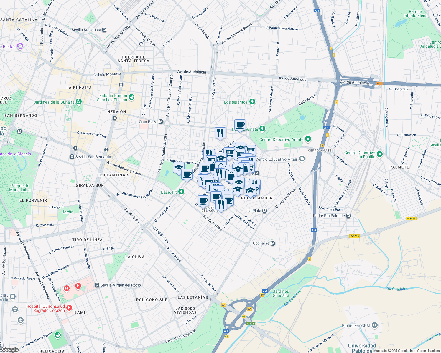 map of restaurants, bars, coffee shops, grocery stores, and more near 60 Calle Tarragona in Sevilla