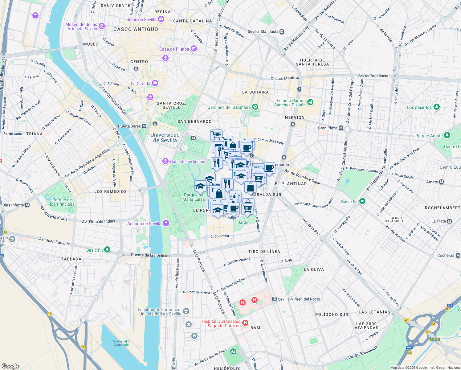 map of restaurants, bars, coffee shops, grocery stores, and more near 13 Calle California in Sevilla