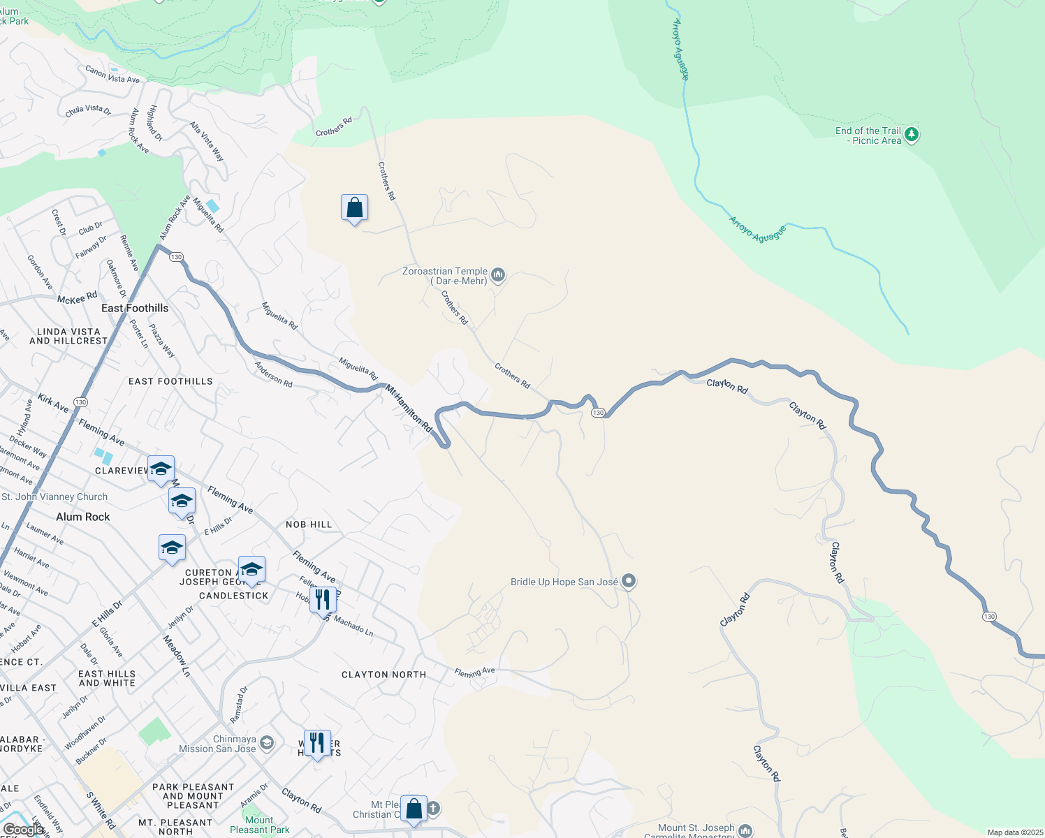 map of restaurants, bars, coffee shops, grocery stores, and more near 12655 Mount Hamilton Road in Mount Hamilton