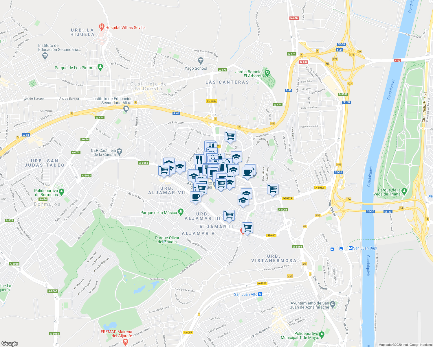 map of restaurants, bars, coffee shops, grocery stores, and more near in Tomares