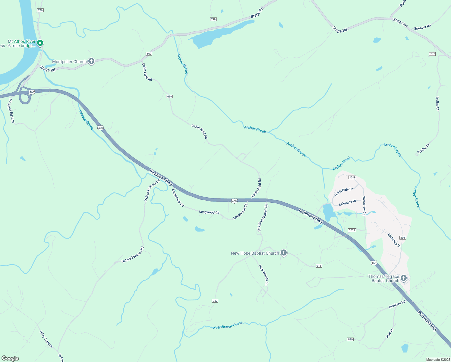 map of restaurants, bars, coffee shops, grocery stores, and more near 40 Cabin Field Road in Lynchburg