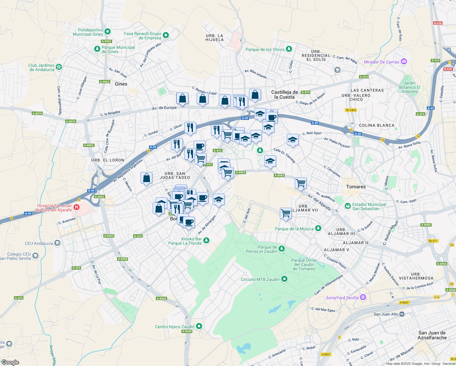 map of restaurants, bars, coffee shops, grocery stores, and more near in Bormujos