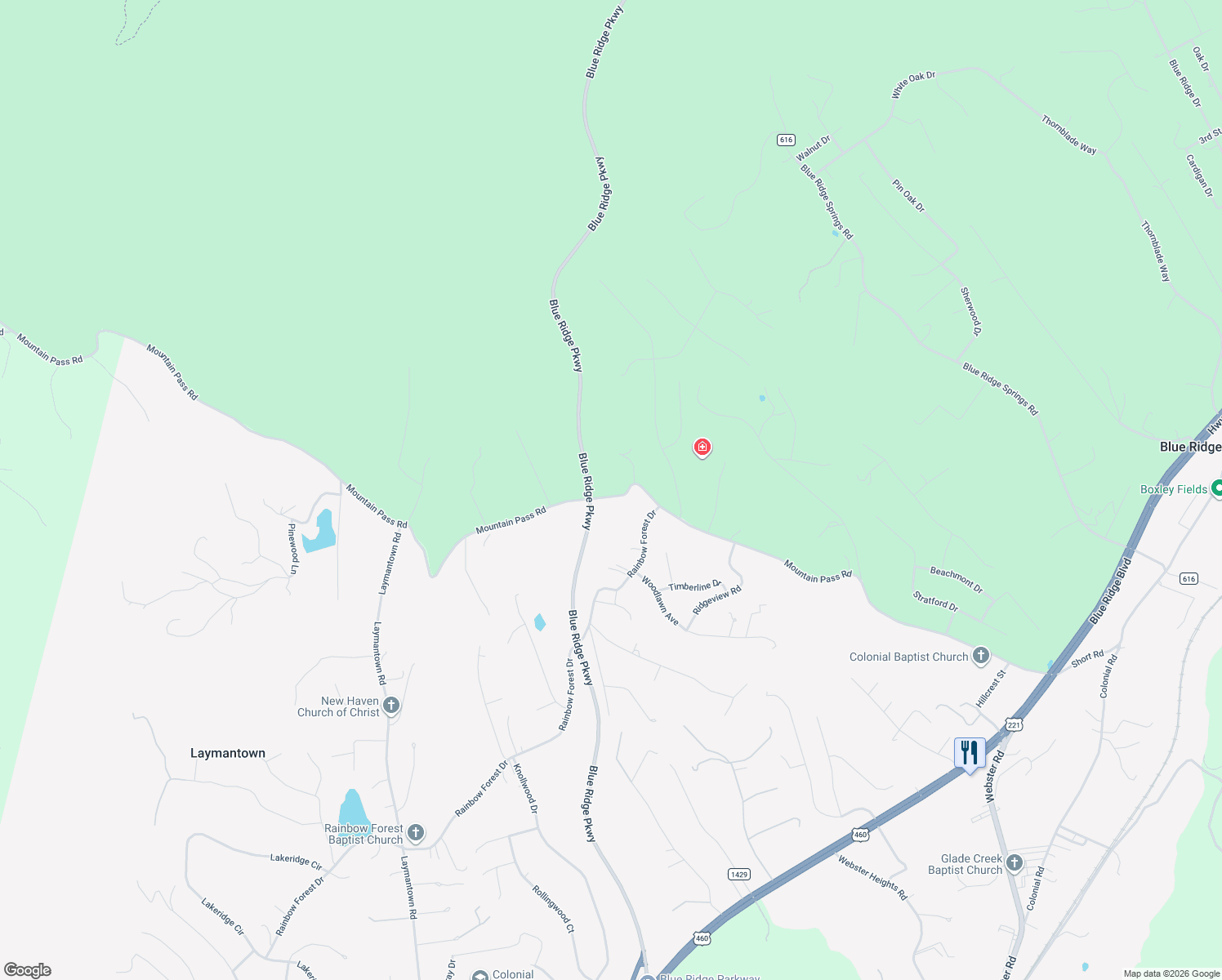 map of restaurants, bars, coffee shops, grocery stores, and more near 1456 Mountain Pass Road in Blue Ridge