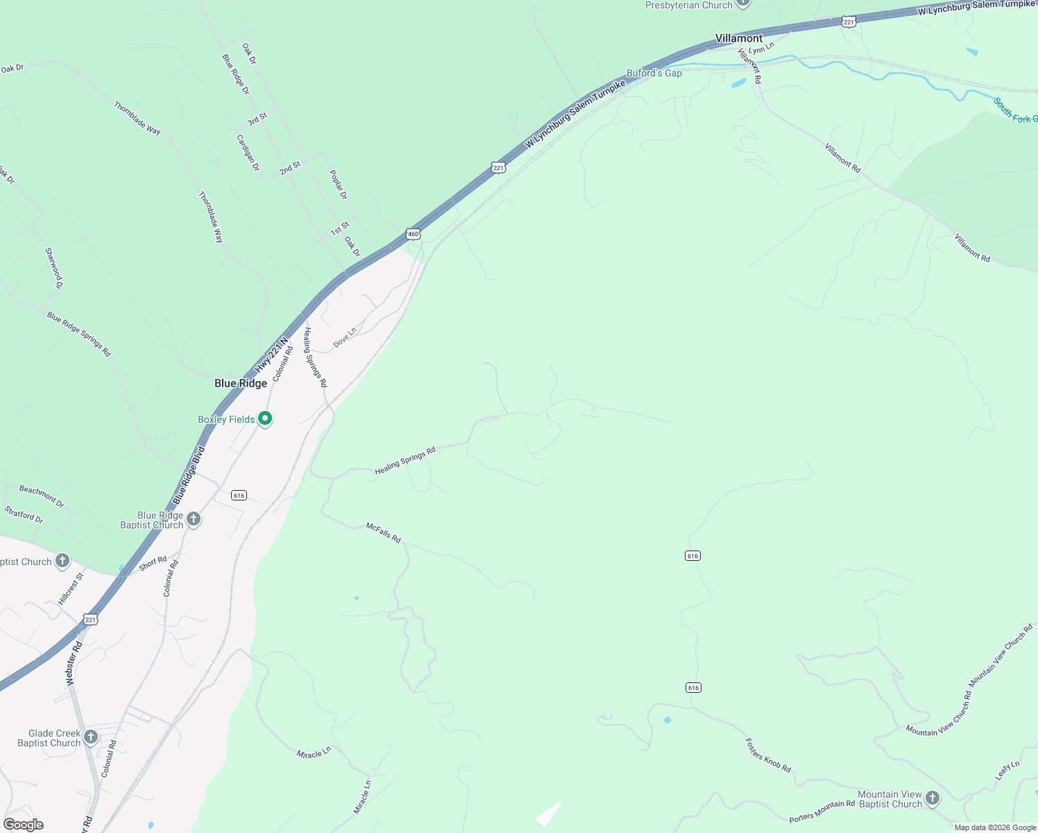 map of restaurants, bars, coffee shops, grocery stores, and more near 1304 Healing Springs Road in Blue Ridge