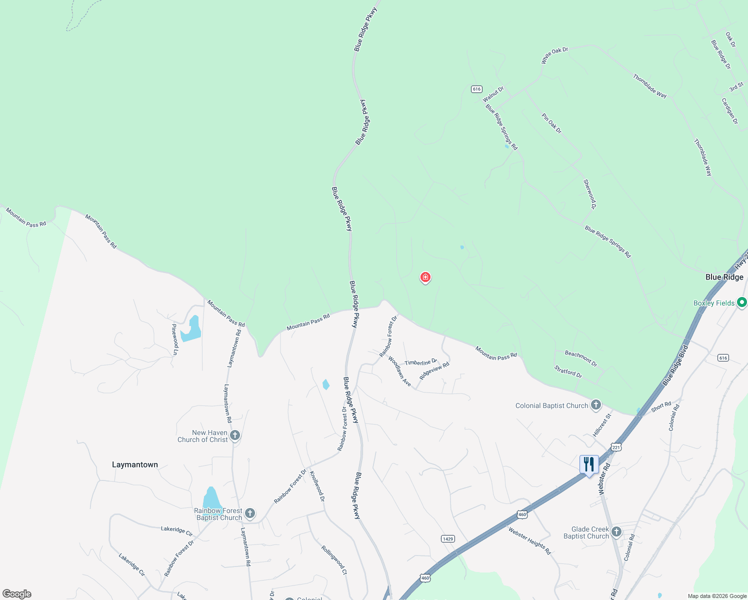 map of restaurants, bars, coffee shops, grocery stores, and more near 1456 Mountain Pass Road in Blue Ridge