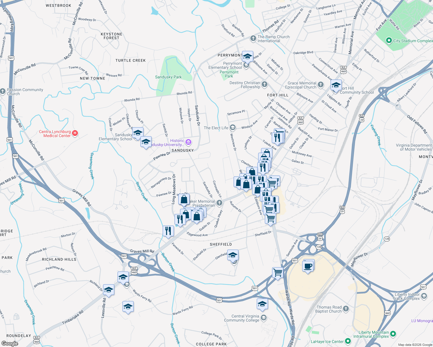 map of restaurants, bars, coffee shops, grocery stores, and more near 1016 Coronado Ln in Lynchburg