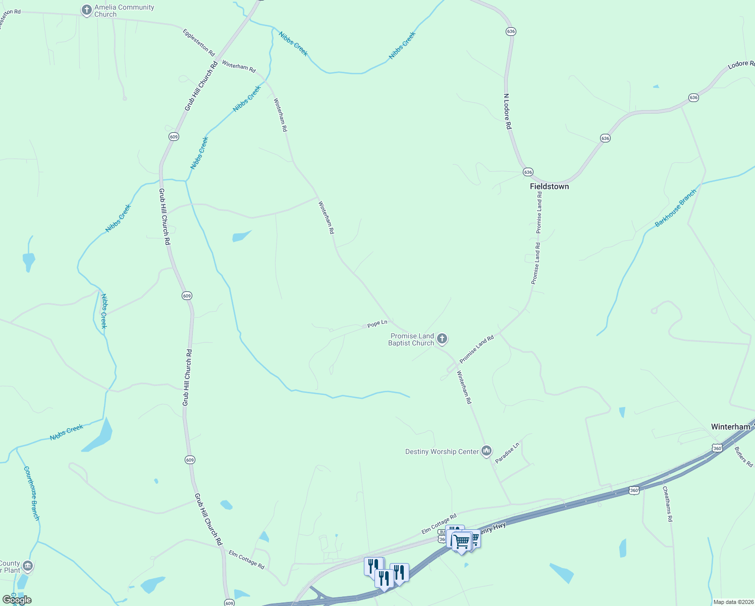 map of restaurants, bars, coffee shops, grocery stores, and more near Winterham Road in Amelia Court House