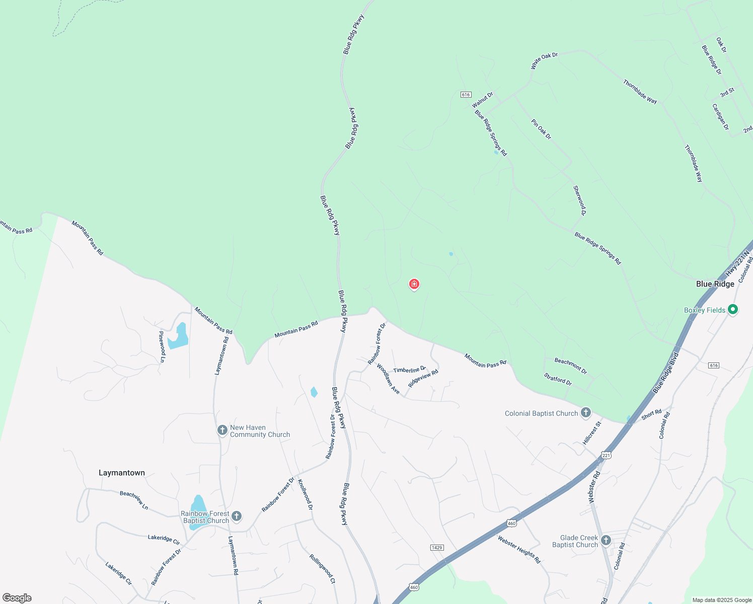 map of restaurants, bars, coffee shops, grocery stores, and more near 22 Oak Crest Drive in Blue Ridge