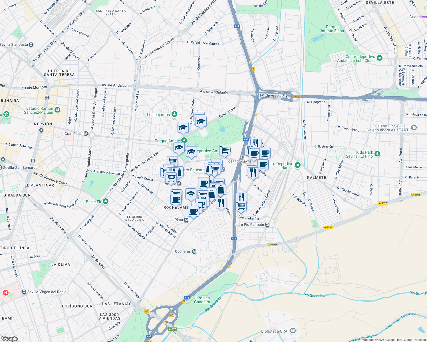 map of restaurants, bars, coffee shops, grocery stores, and more near 13 Calle Eva Cervantes in Sevilla