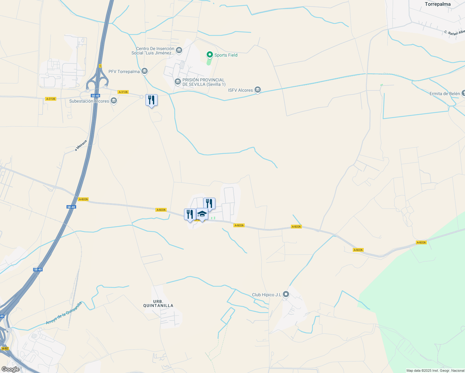 map of restaurants, bars, coffee shops, grocery stores, and more near 38 Calle Tamarindo in Alcalá de Guadaíra