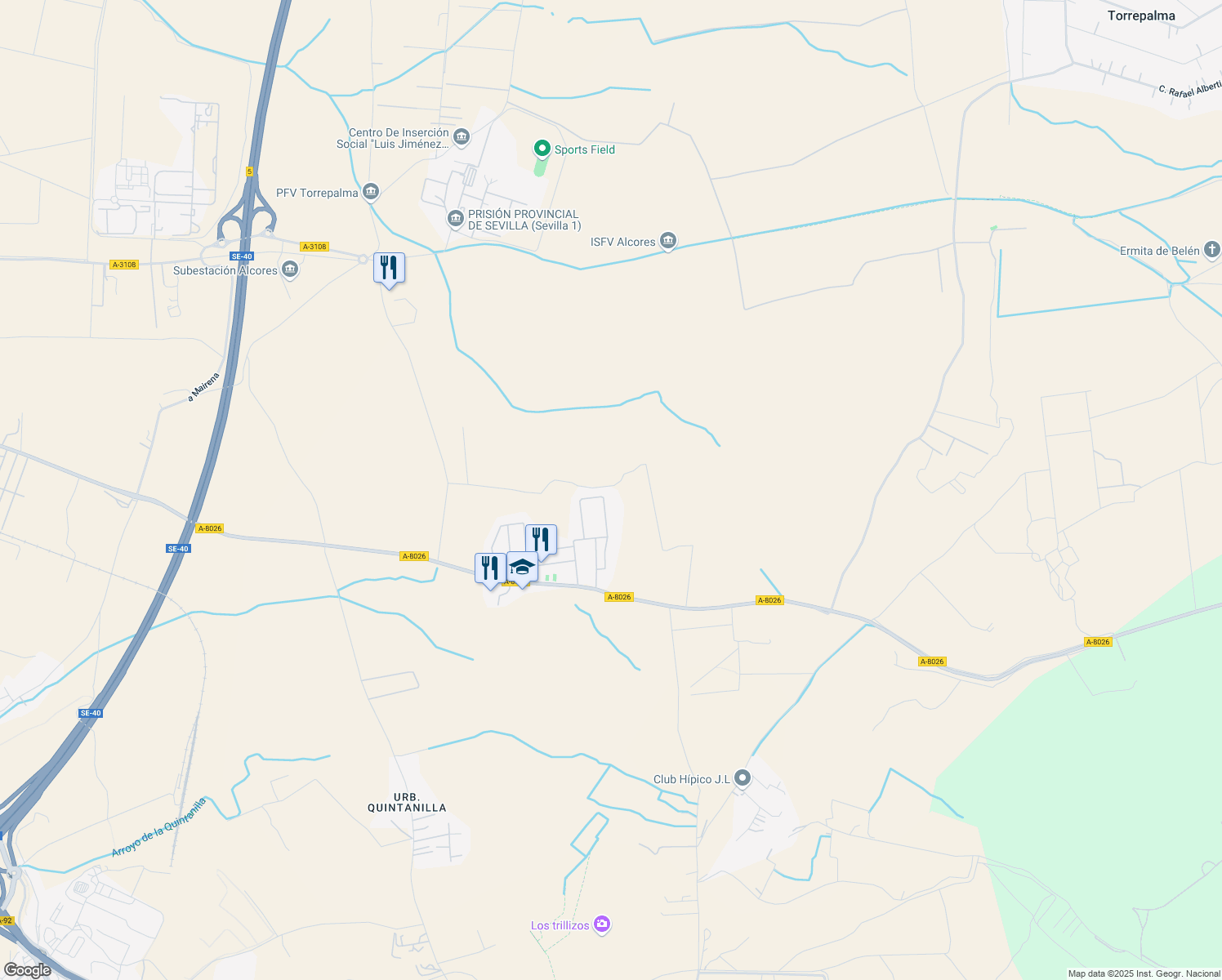 map of restaurants, bars, coffee shops, grocery stores, and more near 38 Calle Tamarindo in Alcalá de Guadaíra
