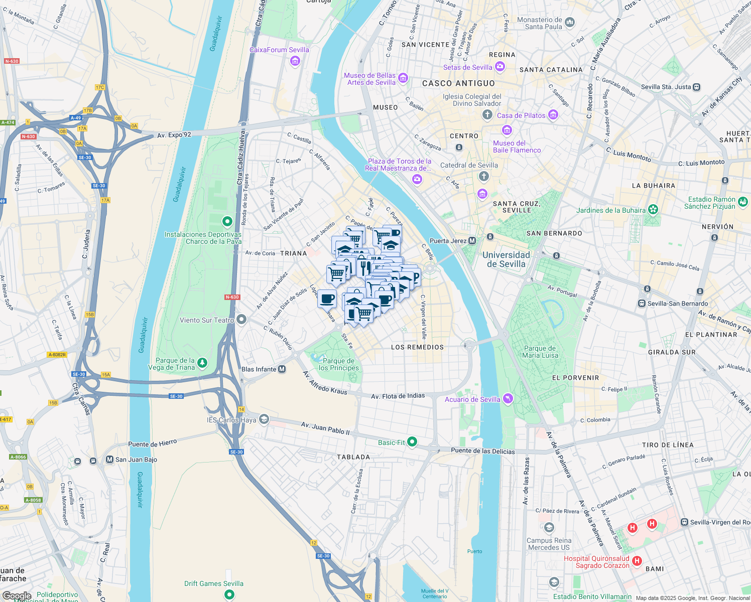 map of restaurants, bars, coffee shops, grocery stores, and more near 55 Calle Esperanza de Triana in Seville