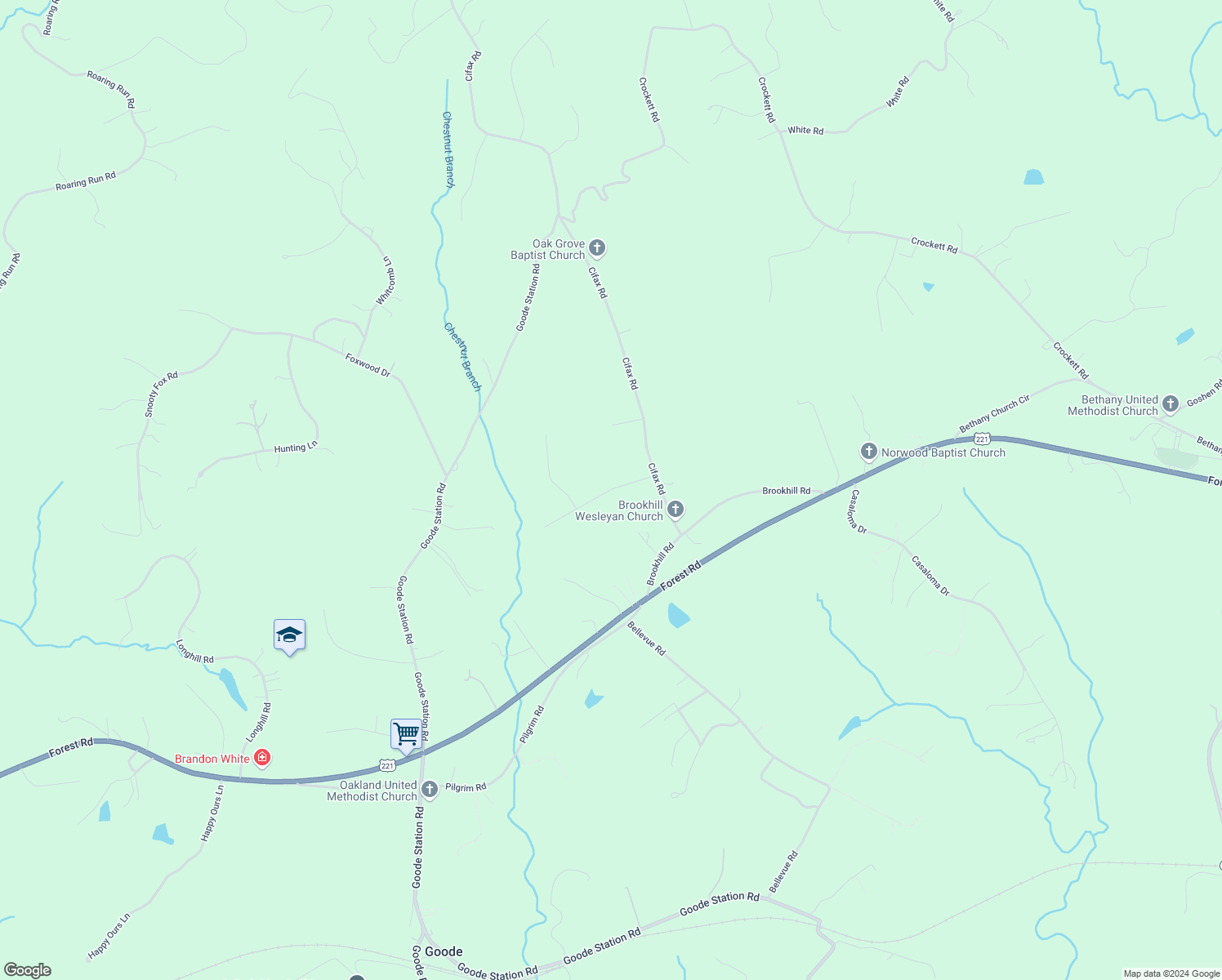 map of restaurants, bars, coffee shops, grocery stores, and more near Donnally Road in Forest