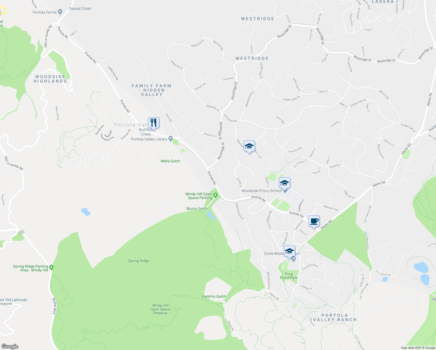 map of restaurants, bars, coffee shops, grocery stores, and more near 70 Stonegate Road in Portola Valley