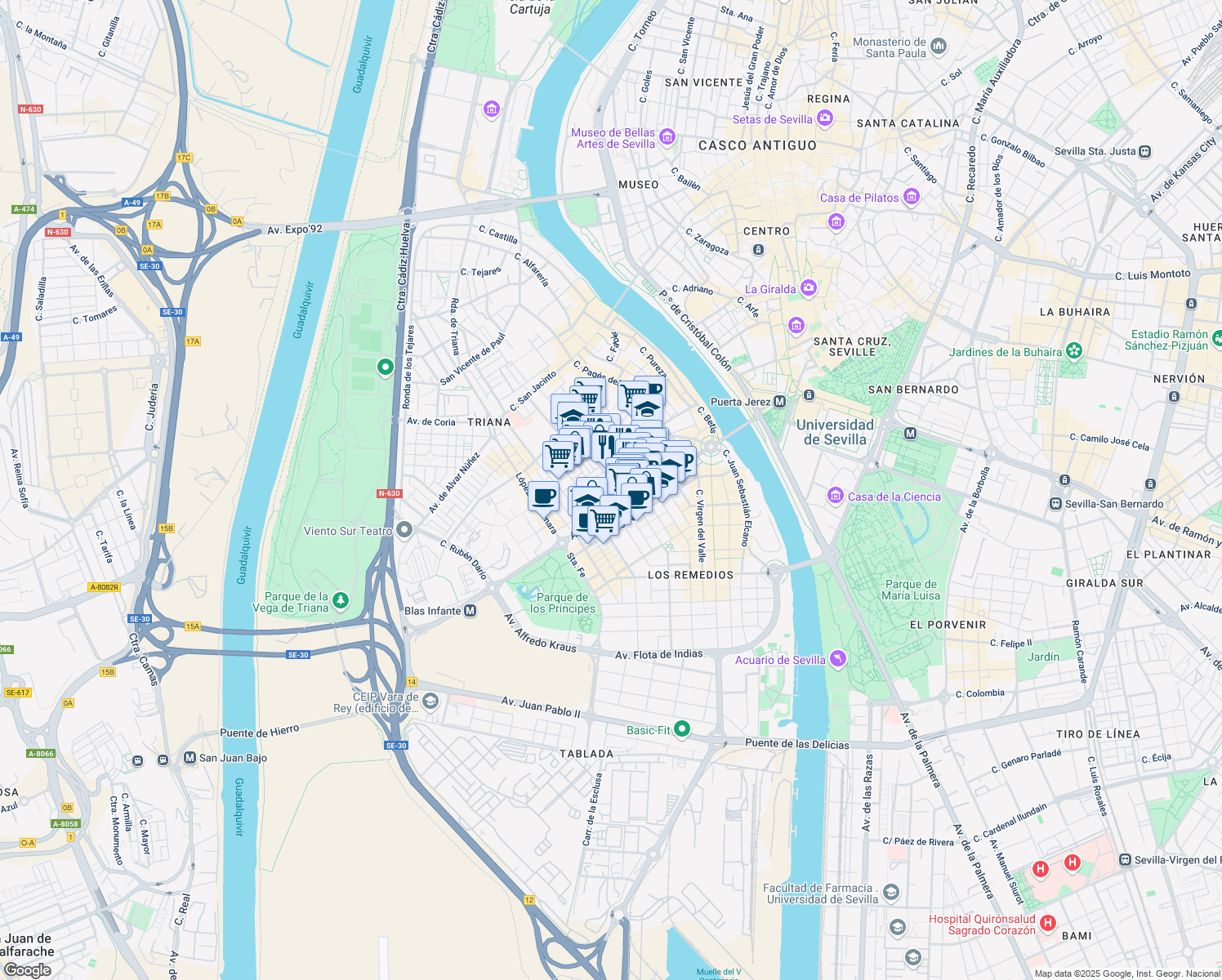 map of restaurants, bars, coffee shops, grocery stores, and more near 50 Calle Esperanza de Triana in Sevilla