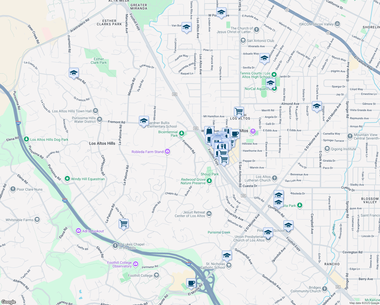 map of restaurants, bars, coffee shops, grocery stores, and more near 13801 Templeton Place in Los Altos Hills
