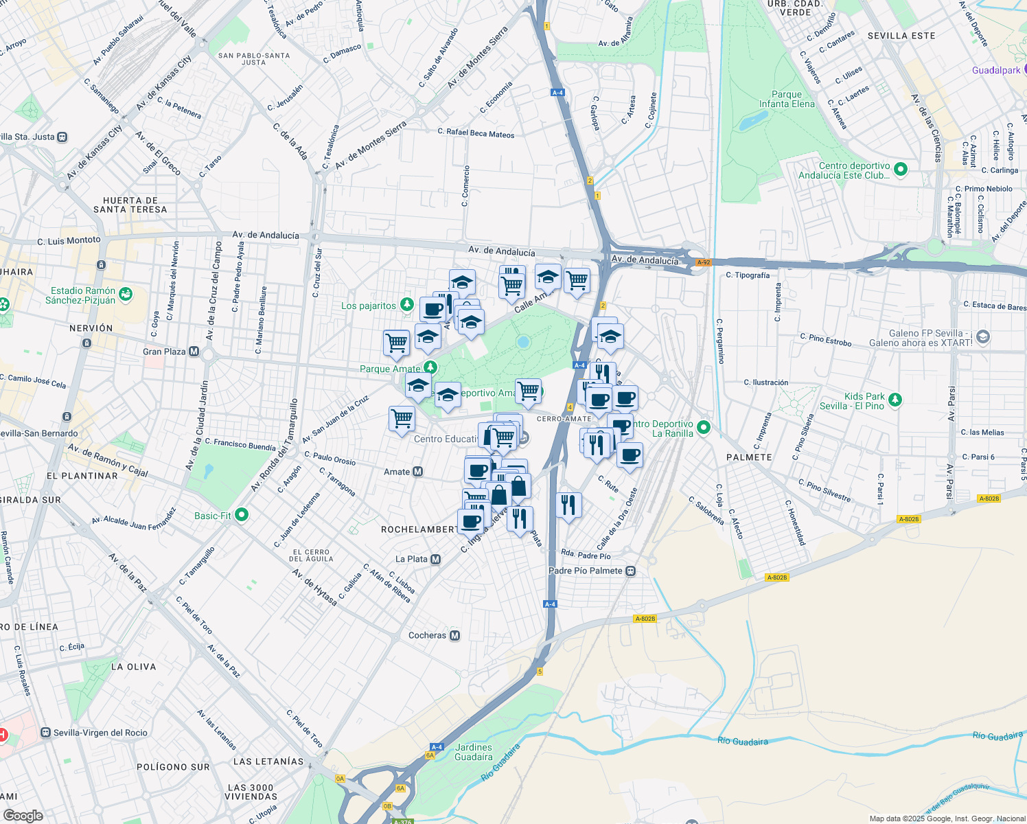 map of restaurants, bars, coffee shops, grocery stores, and more near Avenida la Revoltosa in Sevilla