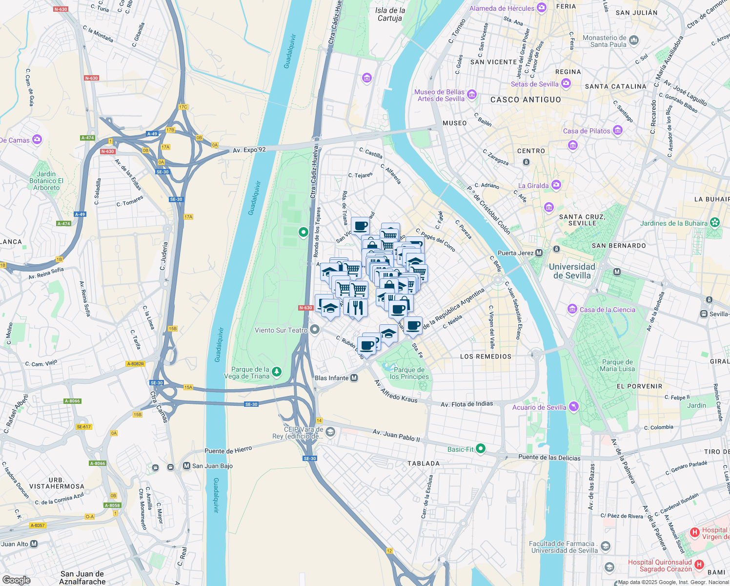map of restaurants, bars, coffee shops, grocery stores, and more near Calle Sol in Sevilla