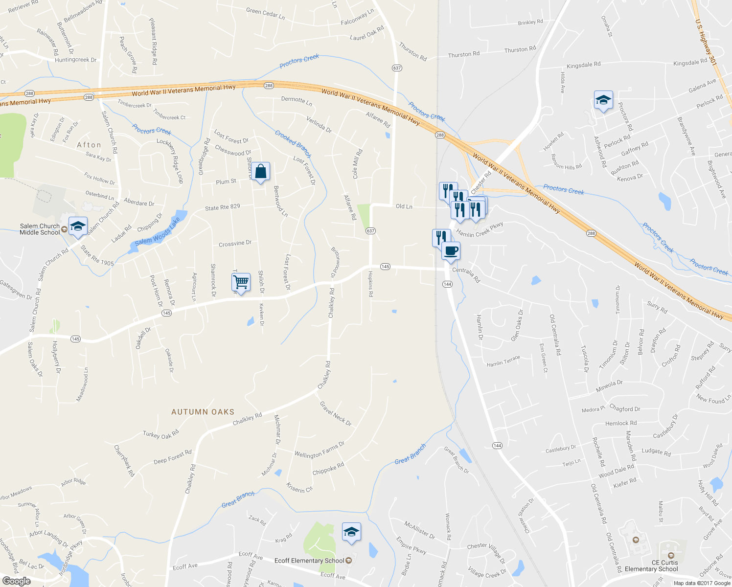 map of restaurants, bars, coffee shops, grocery stores, and more near 10232 Hopkins Road in Chester
