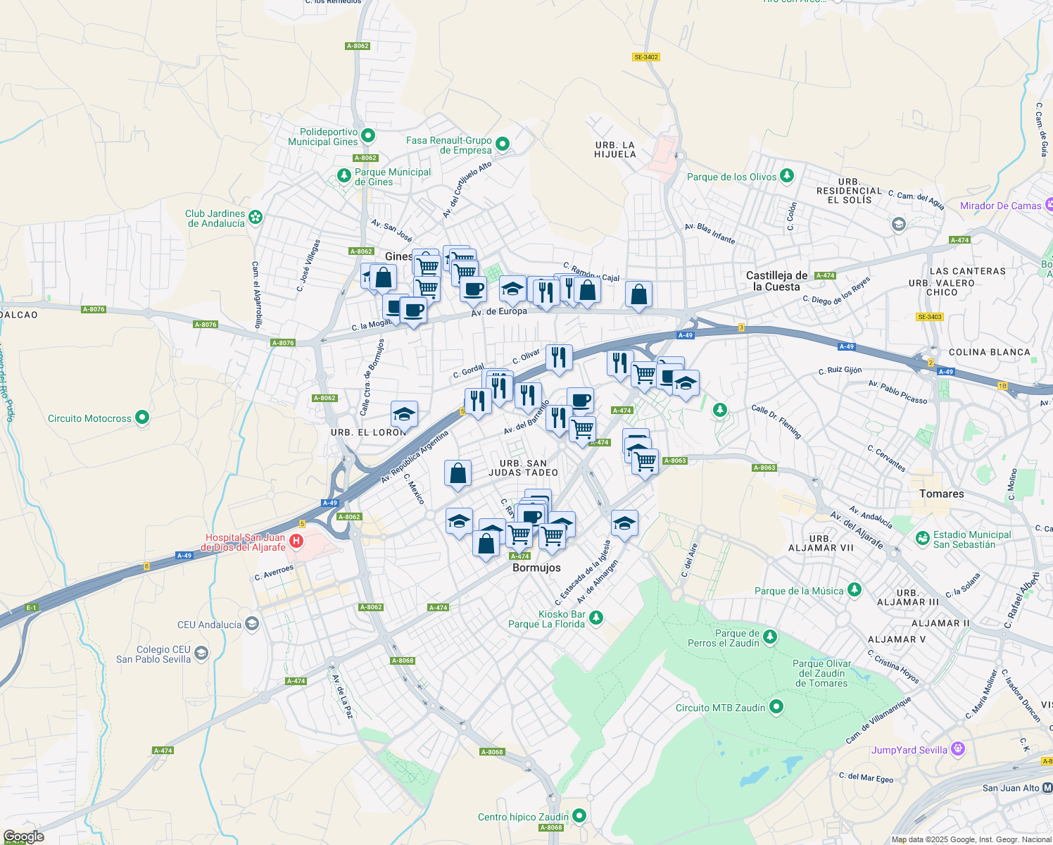 map of restaurants, bars, coffee shops, grocery stores, and more near 9 Avenida del Barrerillo in Bormujos