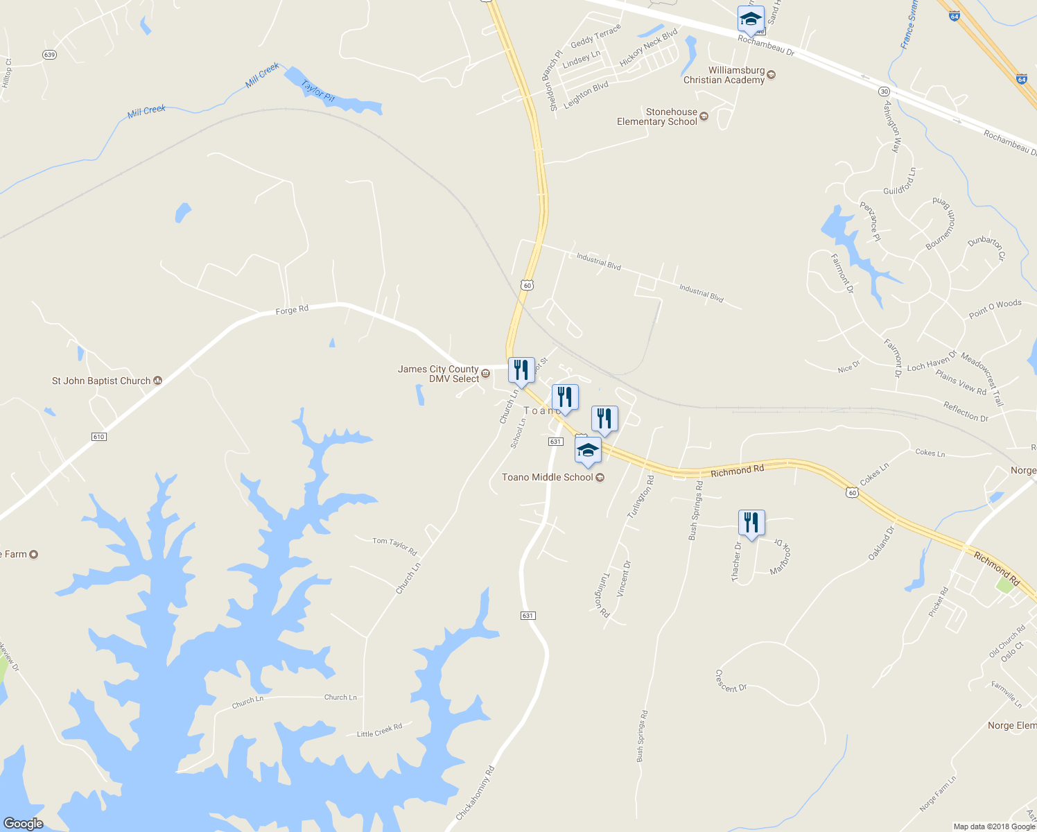map of restaurants, bars, coffee shops, grocery stores, and more near 102 School Lane in Toano