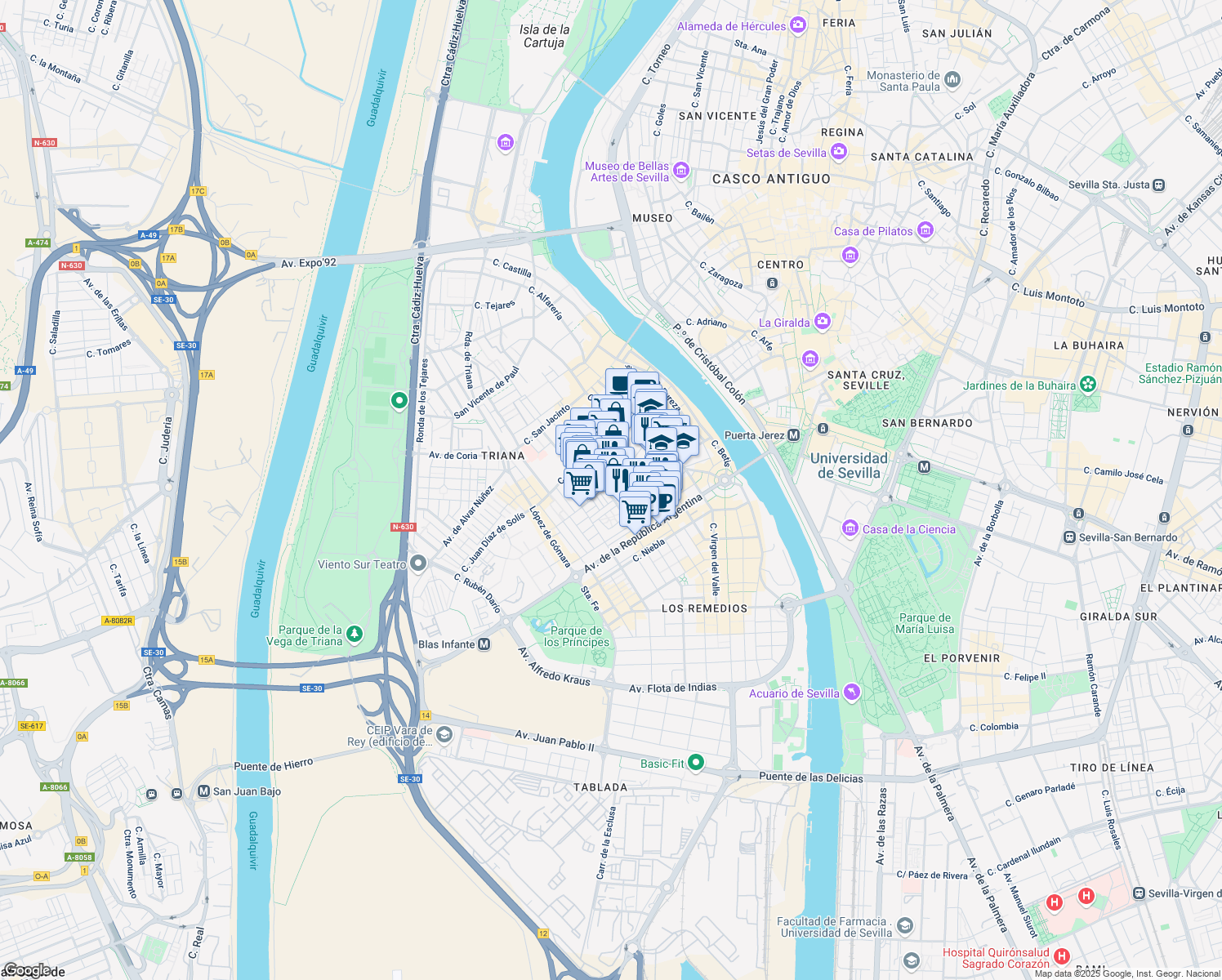 map of restaurants, bars, coffee shops, grocery stores, and more near 41 Calle Esperanza de Triana in Sevilla