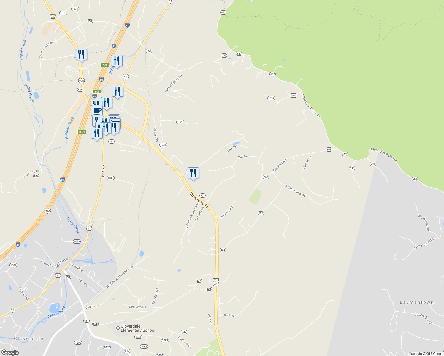 map of restaurants, bars, coffee shops, grocery stores, and more near 343 Ridge Road in Troutville