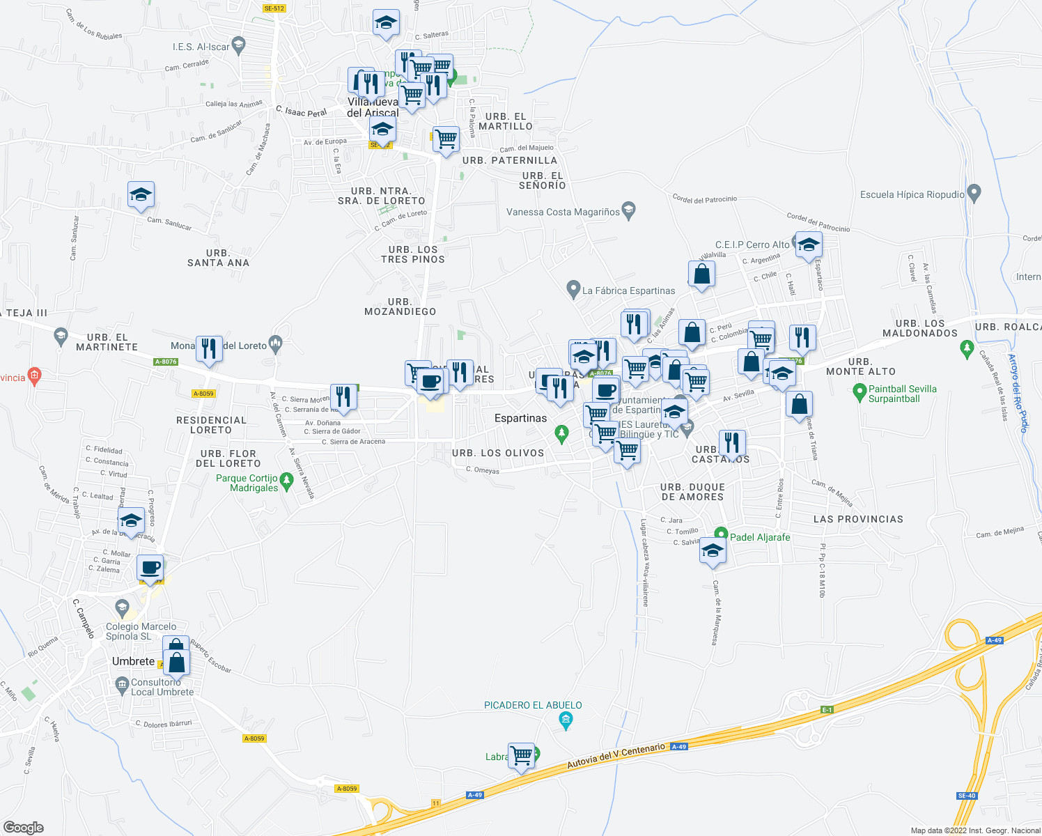 map of restaurants, bars, coffee shops, grocery stores, and more near in Espartinas