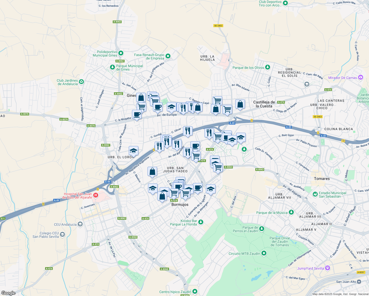 map of restaurants, bars, coffee shops, grocery stores, and more near 37 Calle Asturias in Bormujos