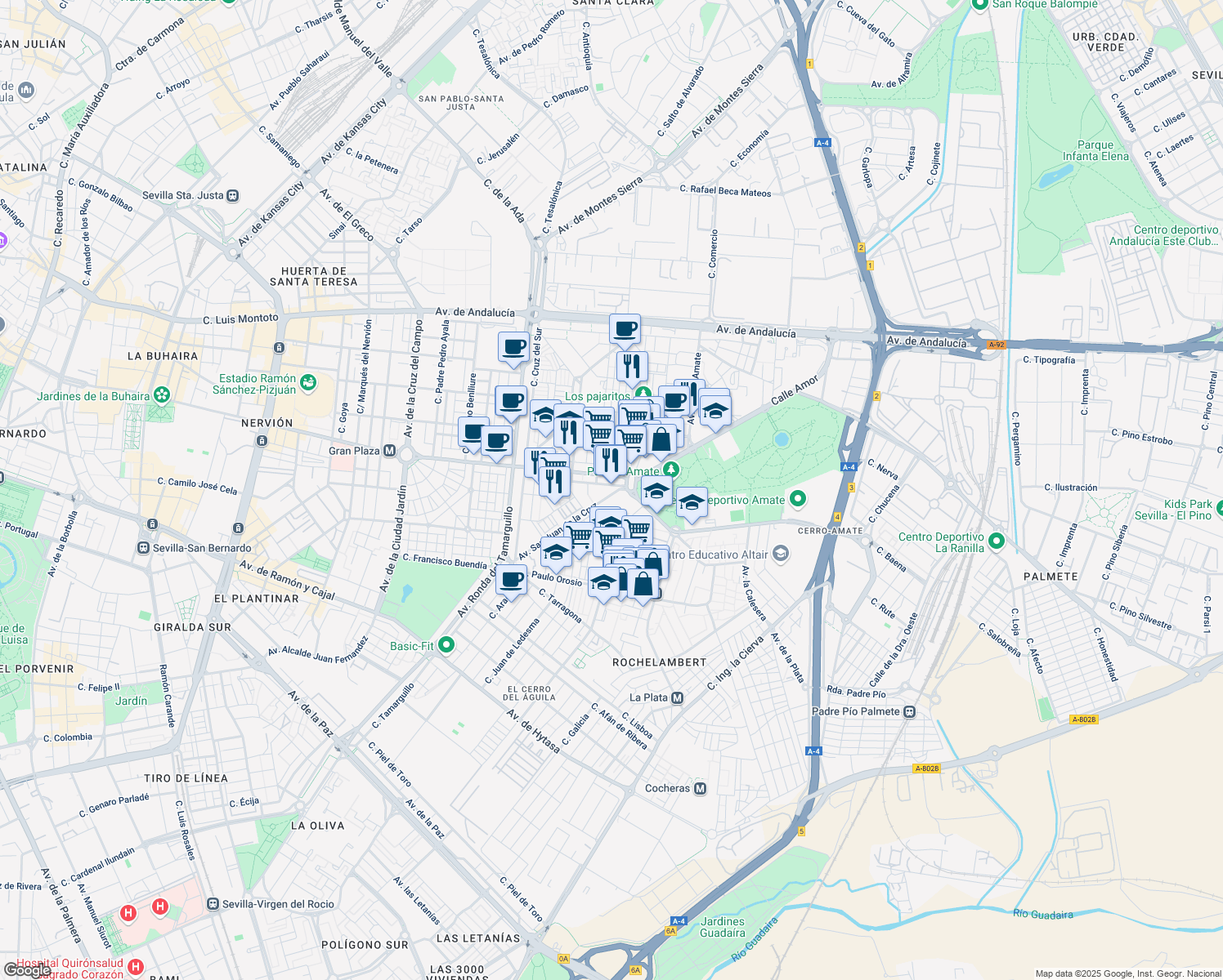 map of restaurants, bars, coffee shops, grocery stores, and more near 37 Avenida San Juan de la Cruz in Sevilla