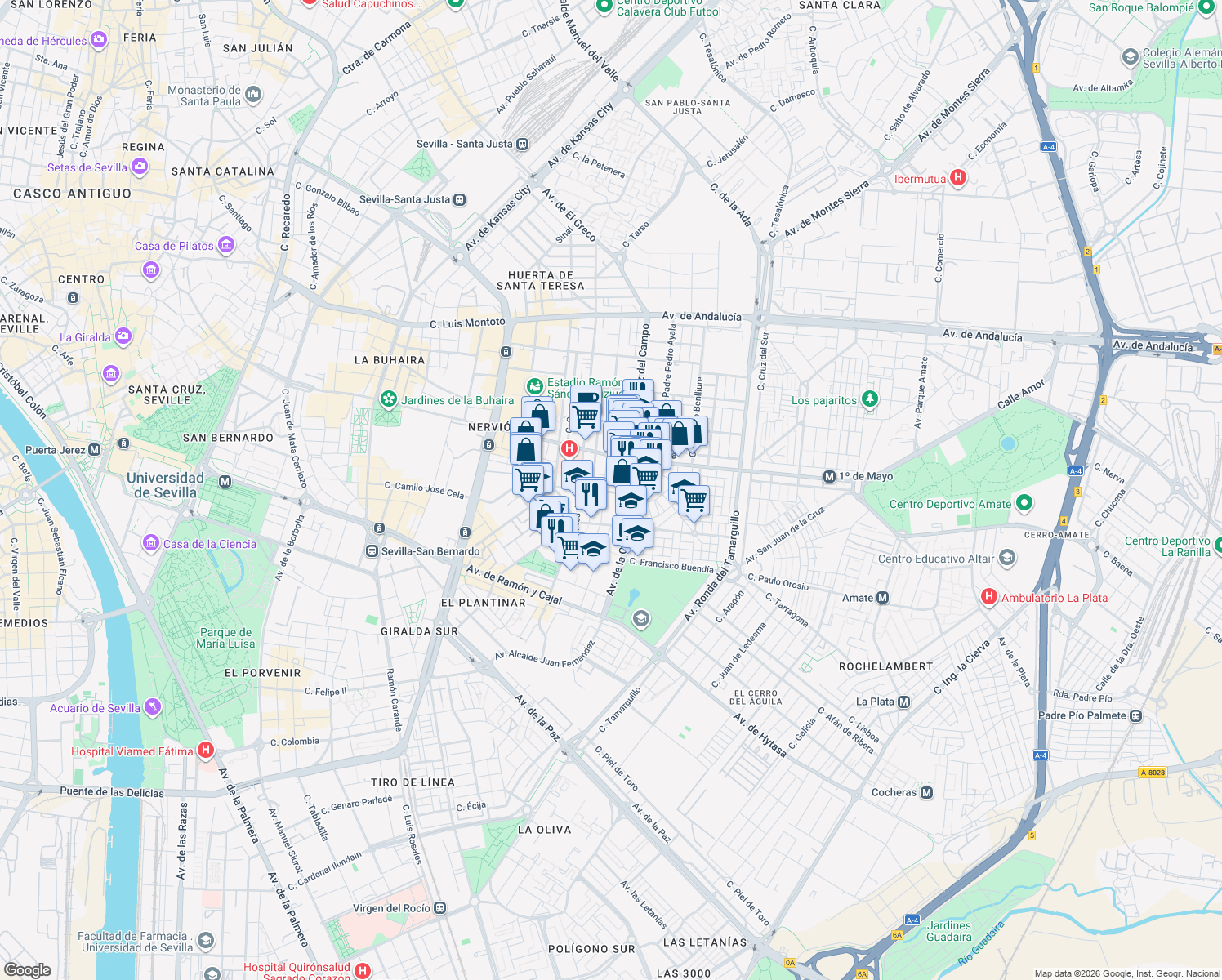 map of restaurants, bars, coffee shops, grocery stores, and more near 13 Calle Cean Bermúdez in Sevilla