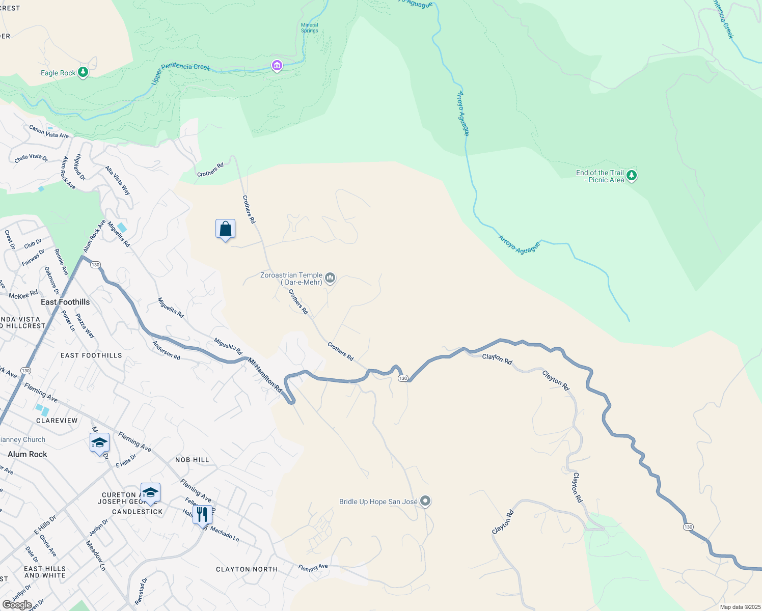 map of restaurants, bars, coffee shops, grocery stores, and more near Silveira Lane in San Jose