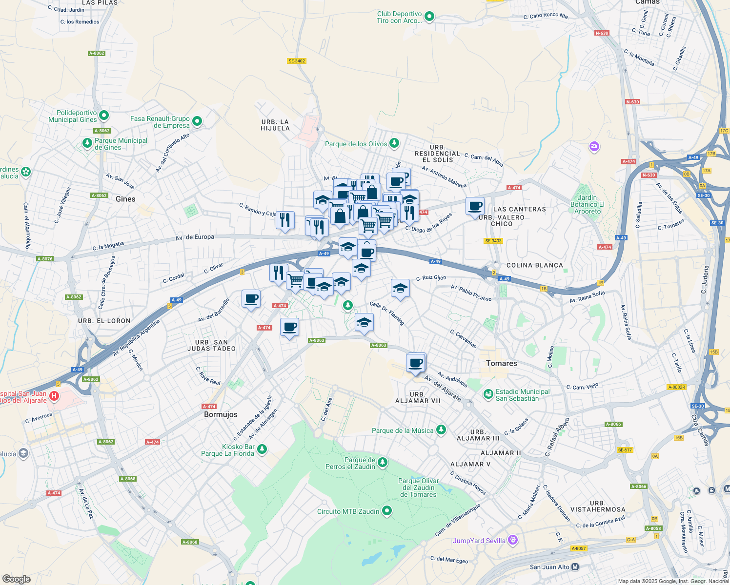 map of restaurants, bars, coffee shops, grocery stores, and more near 64 Calle Doctor Fleming in Castilleja de la Cuesta