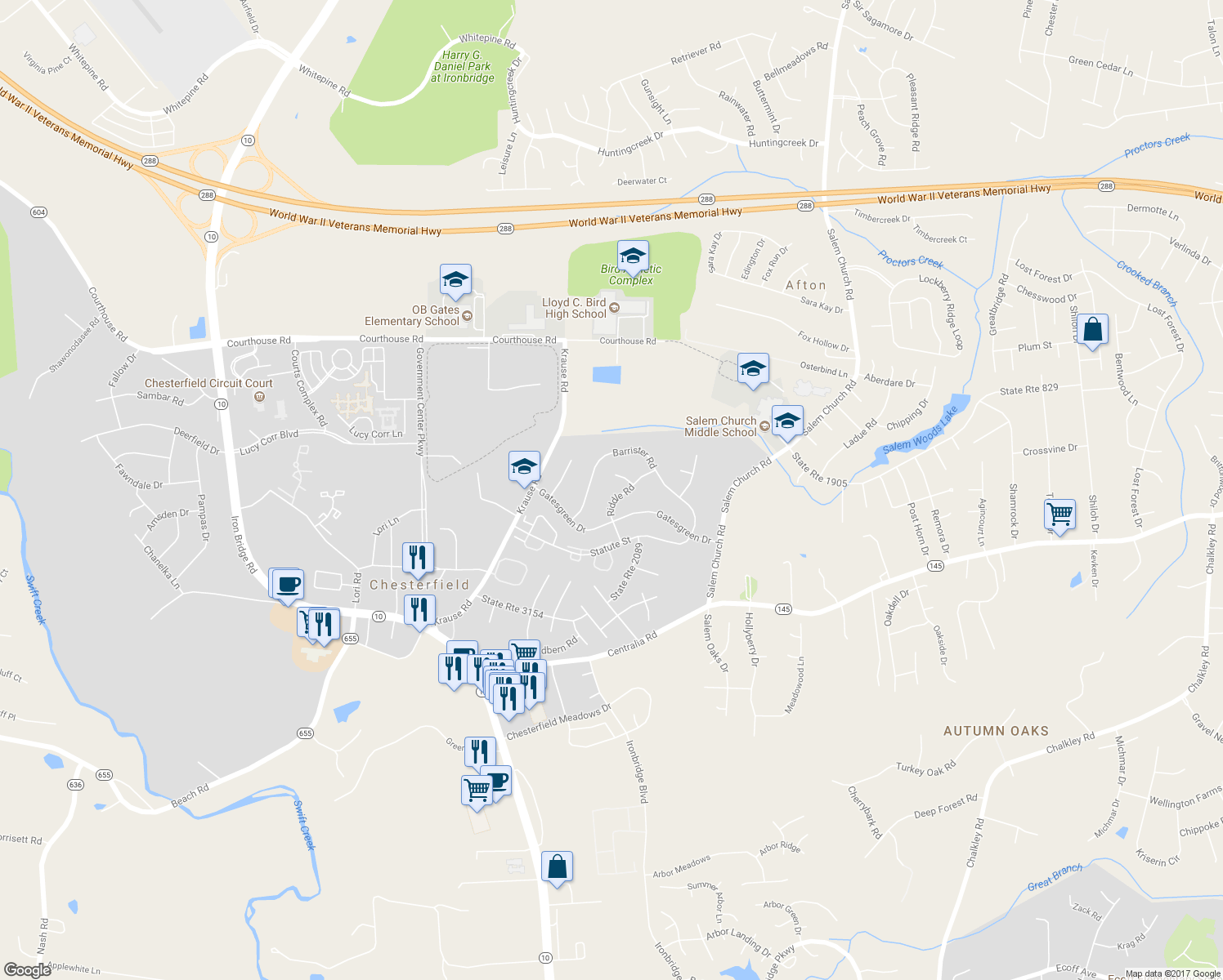 map of restaurants, bars, coffee shops, grocery stores, and more near 9612 Riddle Road in Chesterfield