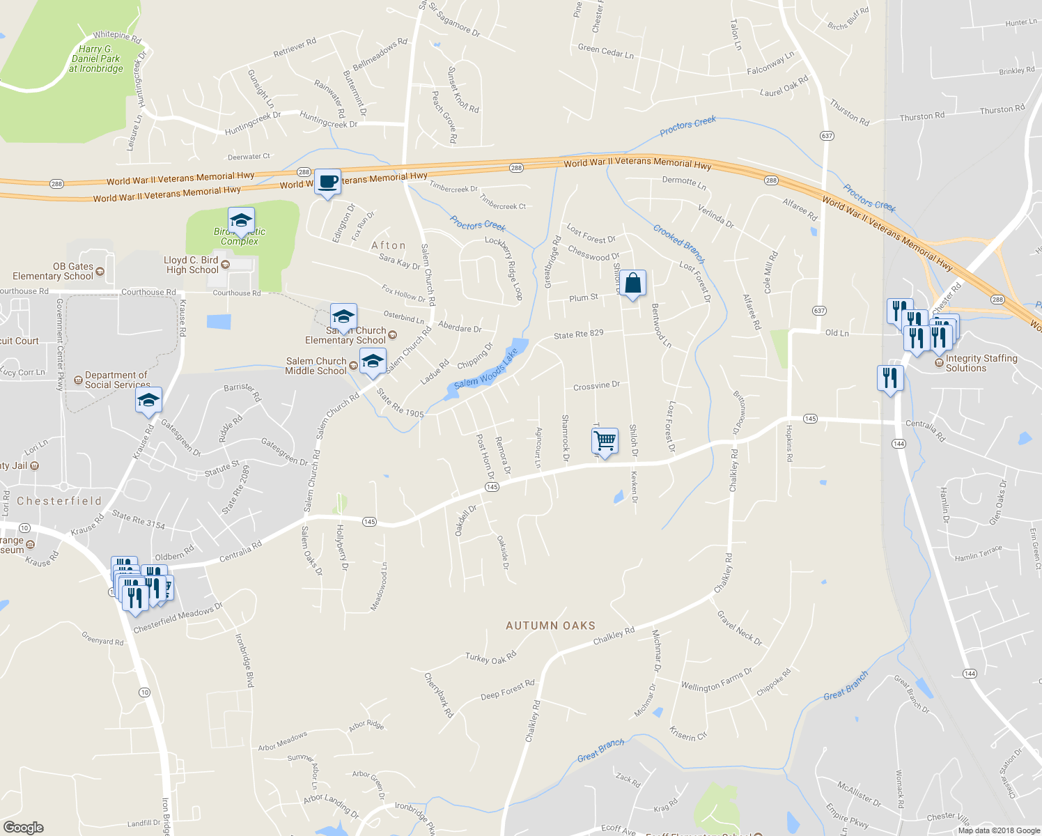 map of restaurants, bars, coffee shops, grocery stores, and more near 5308 Agincourt Terrace in Richmond