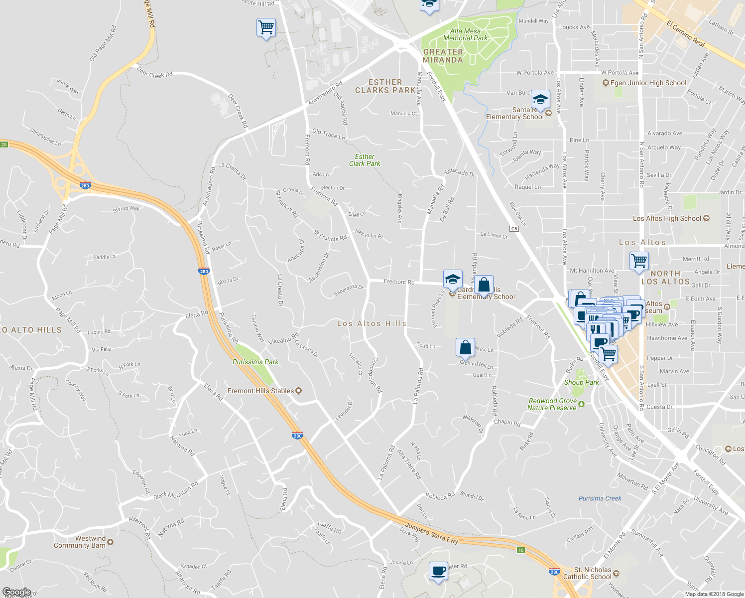 map of restaurants, bars, coffee shops, grocery stores, and more near 12800 Alto Verde Lane in Los Altos Hills