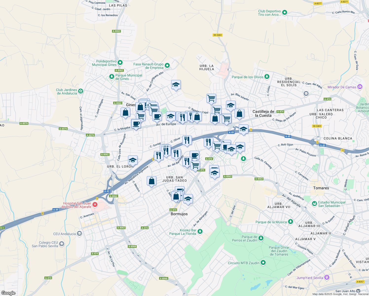 map of restaurants, bars, coffee shops, grocery stores, and more near 1 Avenida República Argentina in Bormujos
