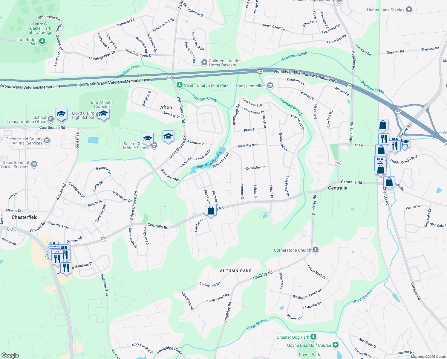 map of restaurants, bars, coffee shops, grocery stores, and more near 5306 Agincourt Terrace in Richmond