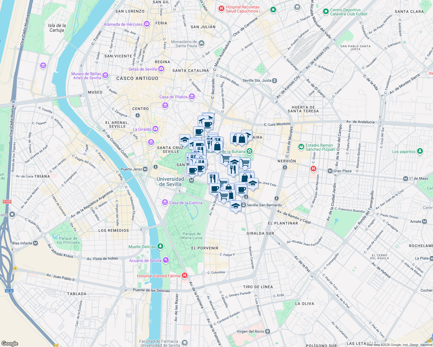 map of restaurants, bars, coffee shops, grocery stores, and more near 7 Calle Juan de Mata Carriazo in Sevilla