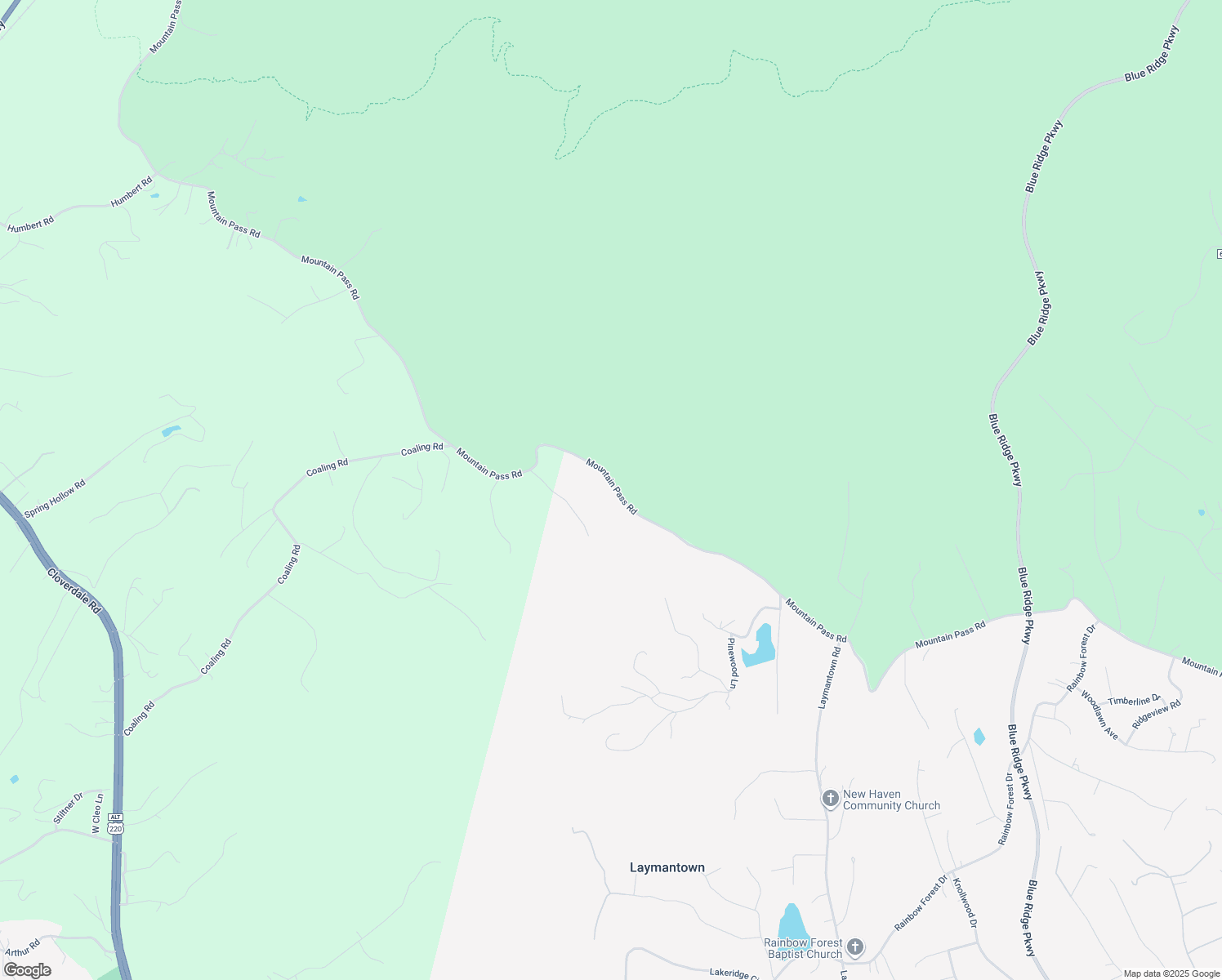map of restaurants, bars, coffee shops, grocery stores, and more near 3045 Mountain Pass Road in Troutville