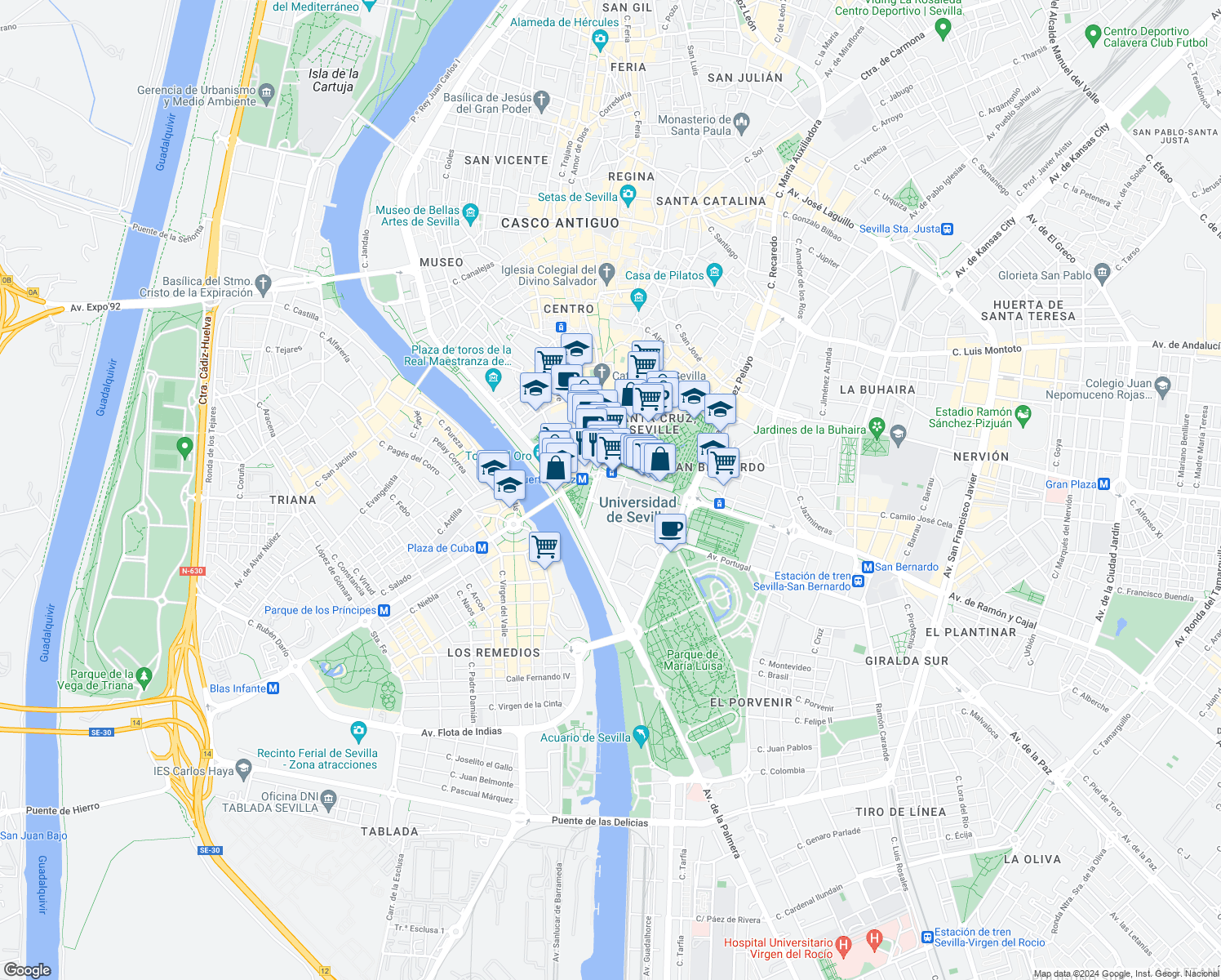 map of restaurants, bars, coffee shops, grocery stores, and more near 2 Calle San Fernando in Sevilla