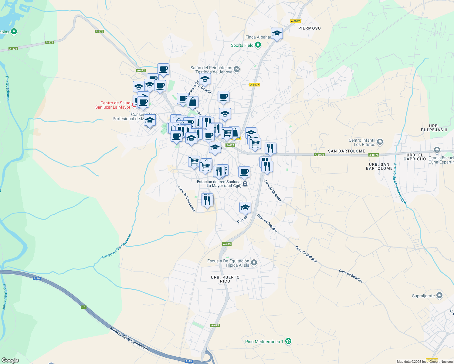 map of restaurants, bars, coffee shops, grocery stores, and more near 4 Camino de Bollullos in Sanlúcar la Mayor