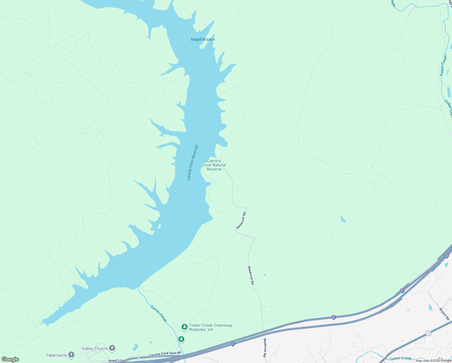 map of restaurants, bars, coffee shops, grocery stores, and more near 9590 Reservoir Road in Roanoke
