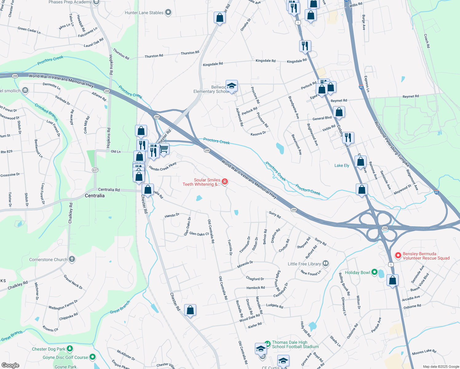 map of restaurants, bars, coffee shops, grocery stores, and more near 3500 Midhurst Drive in Chester