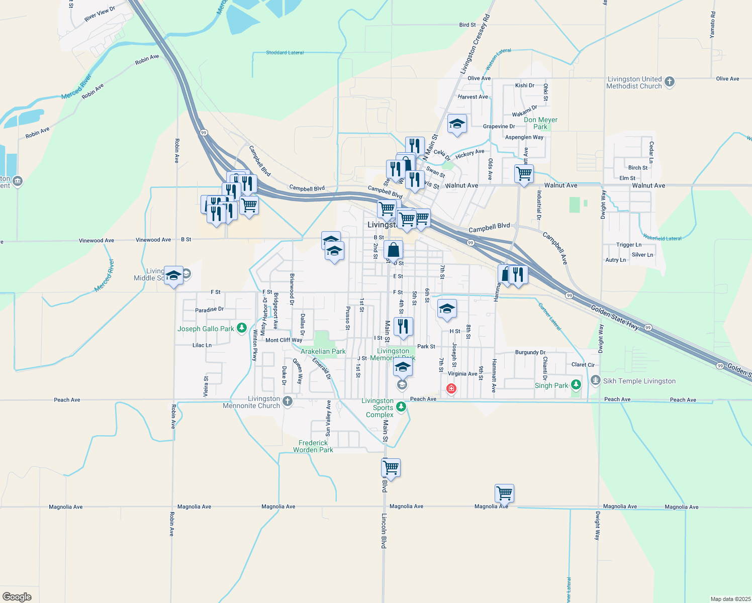 map of restaurants, bars, coffee shops, grocery stores, and more near 1301 G Street in Livingston