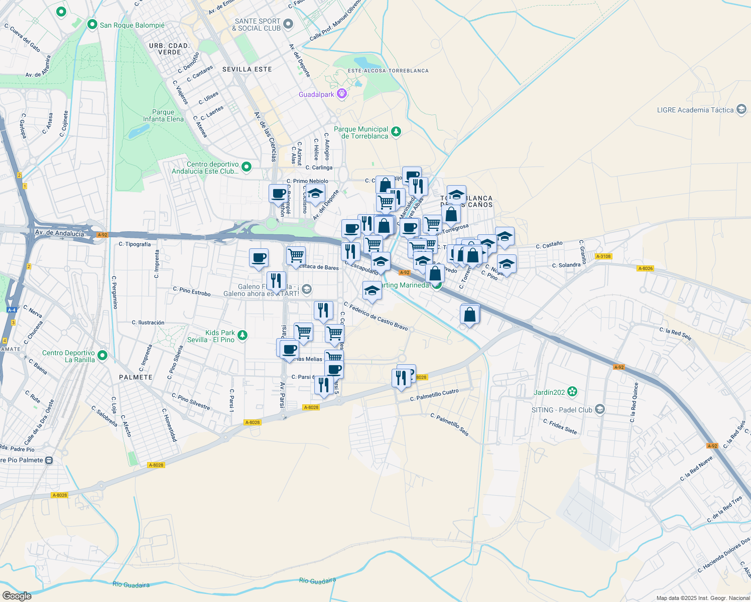 map of restaurants, bars, coffee shops, grocery stores, and more near 5 Calle Príncipe de Asturias in Sevilla